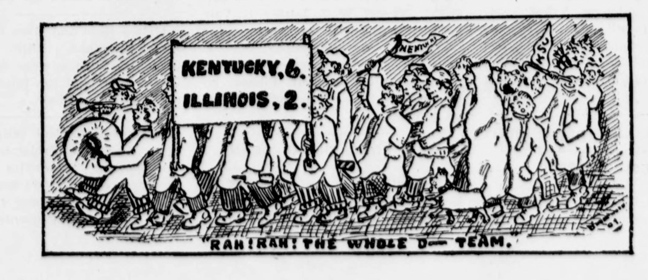 A cartoon in The Idea shows Lexington celebrating the Illinois victory, with the score on a placard.