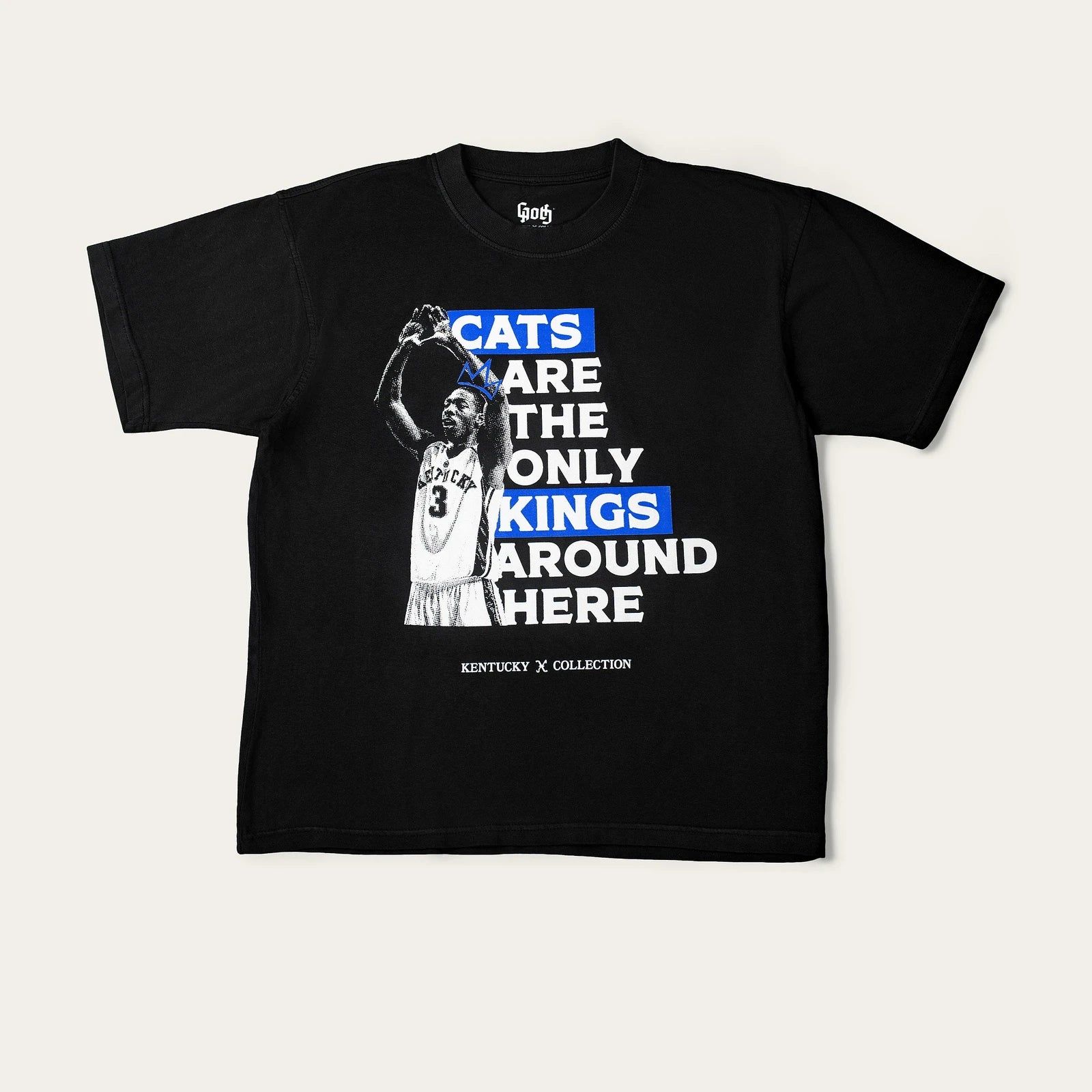 The complete black Smooth Tee, with Ramel Bradley’s halftone portrait and the Cats are the only kings around here artwork.