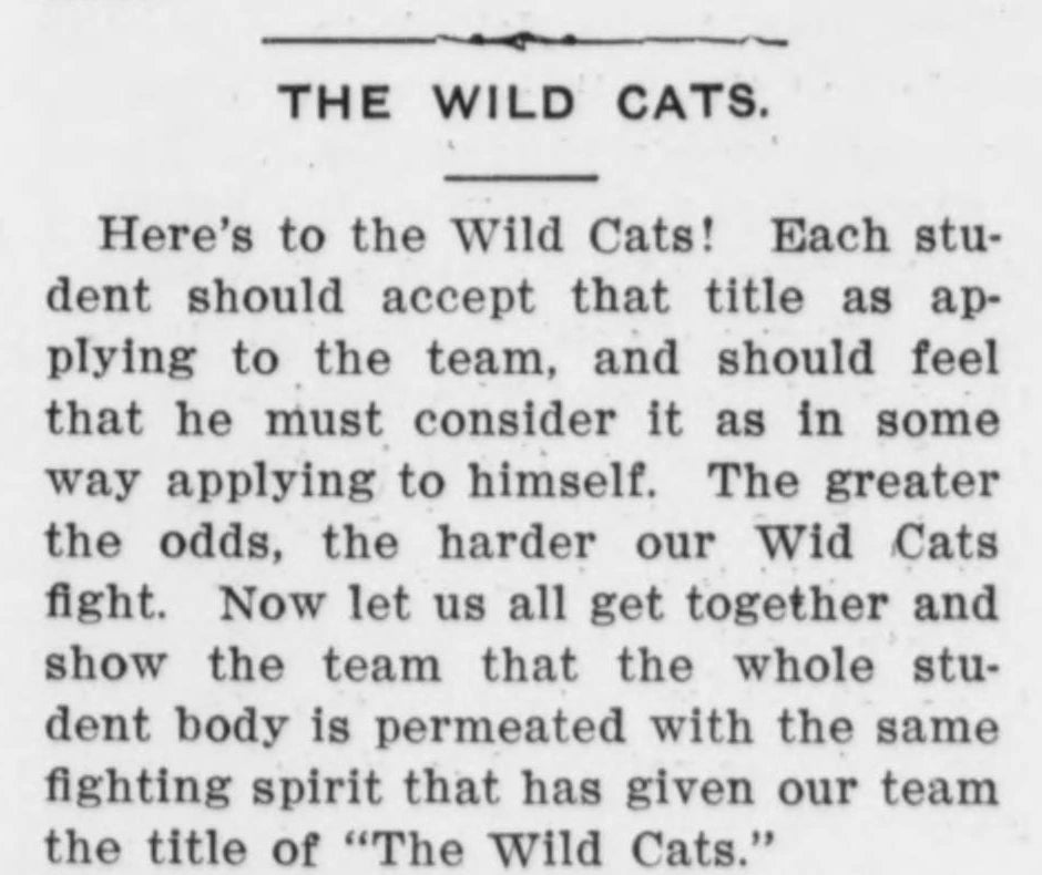 The October 27, 1910 editorial &ldquo;THE WILD CATS.&rdquo; explaining the name through fighting spirit.