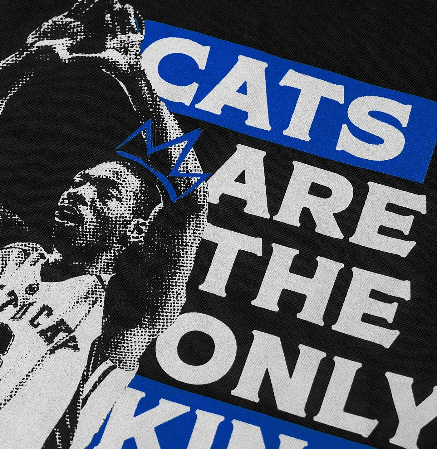 The halftone image and blue ink on the actual printed Smooth Tee, with cotton visible around the design.