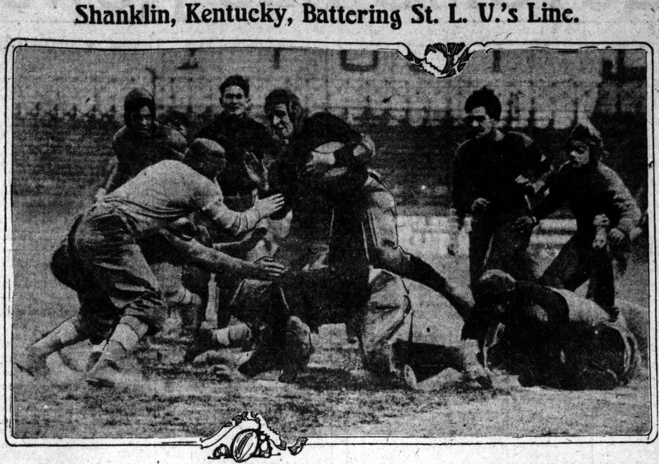 A 1910 newspaper photograph printed under the headline Shanklin, Kentucky, Battering St. L. U.’s Line. Players, several in leather head harnesses, collide at the line on a bare field.