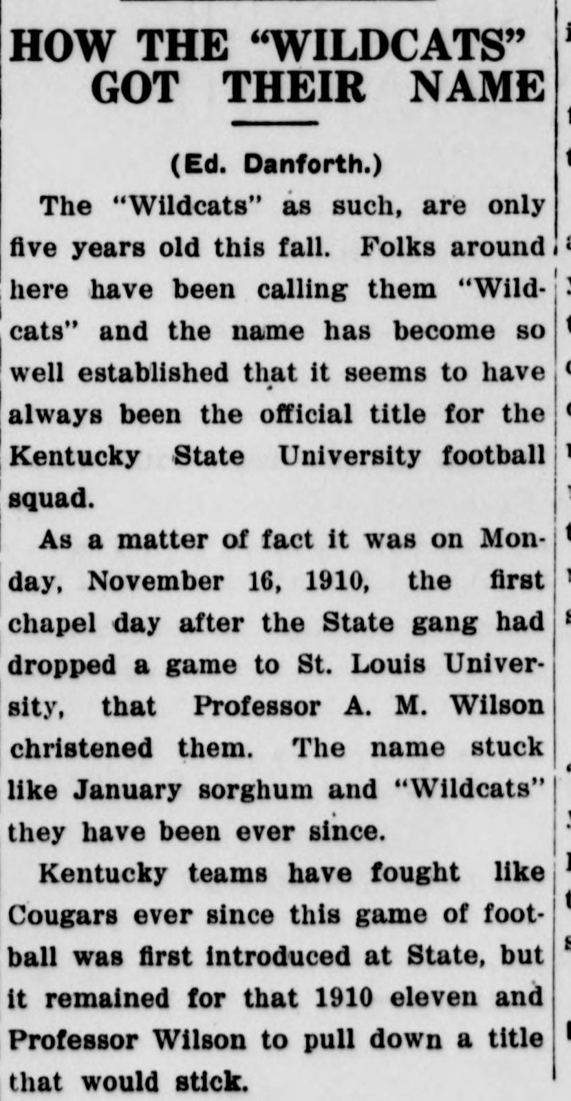 A 1916 newspaper column headed How the Wildcats got their name.