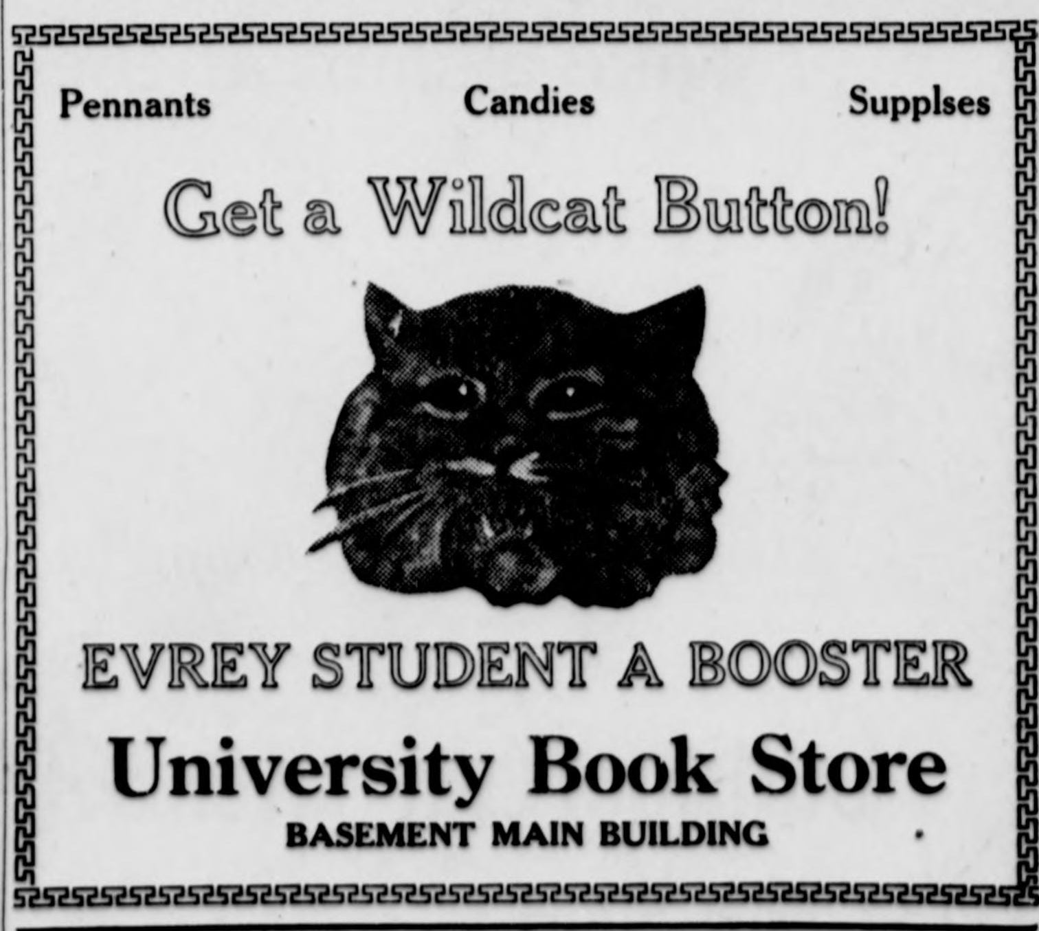 A 1924 bookstore advertisement headed Get a Wildcat Button shows a cat face and a student booster slogan.
