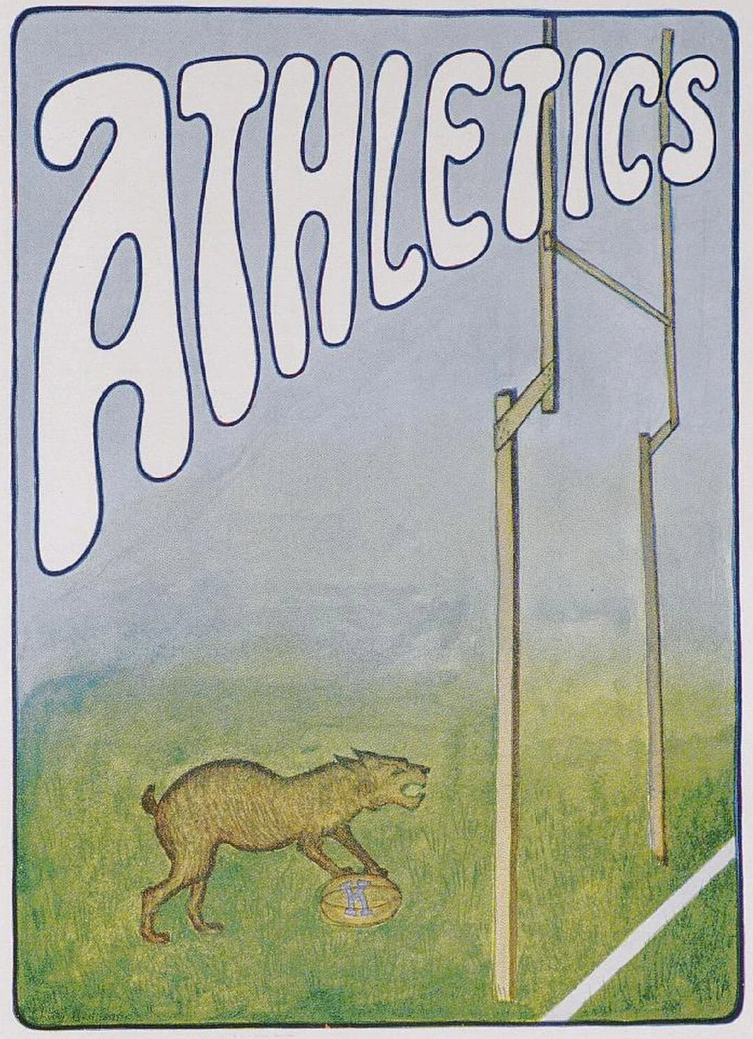 A period colour athletics illustration shows a snarling wildcat with a paw on a football marked K.