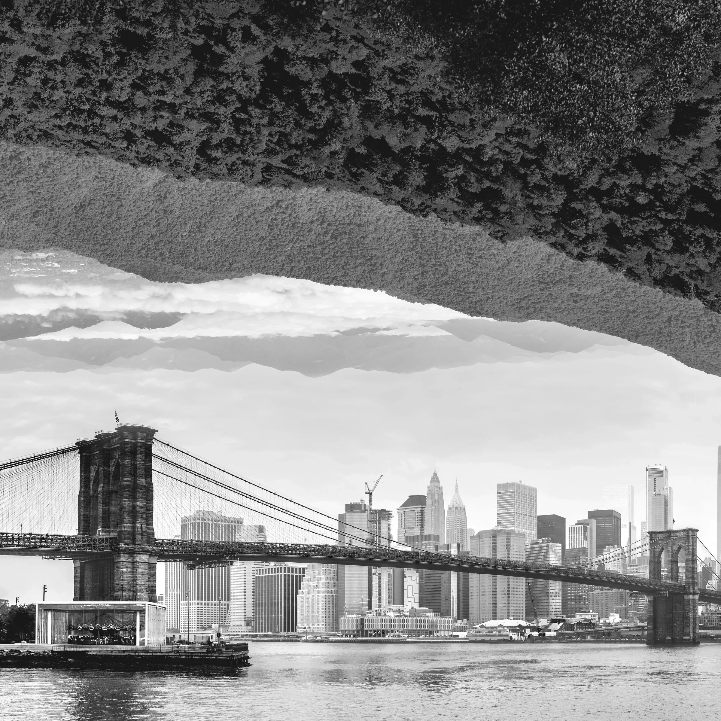 The existing GOTH symbolic artwork joining inverted wooded hills with the Brooklyn Bridge and skyline.